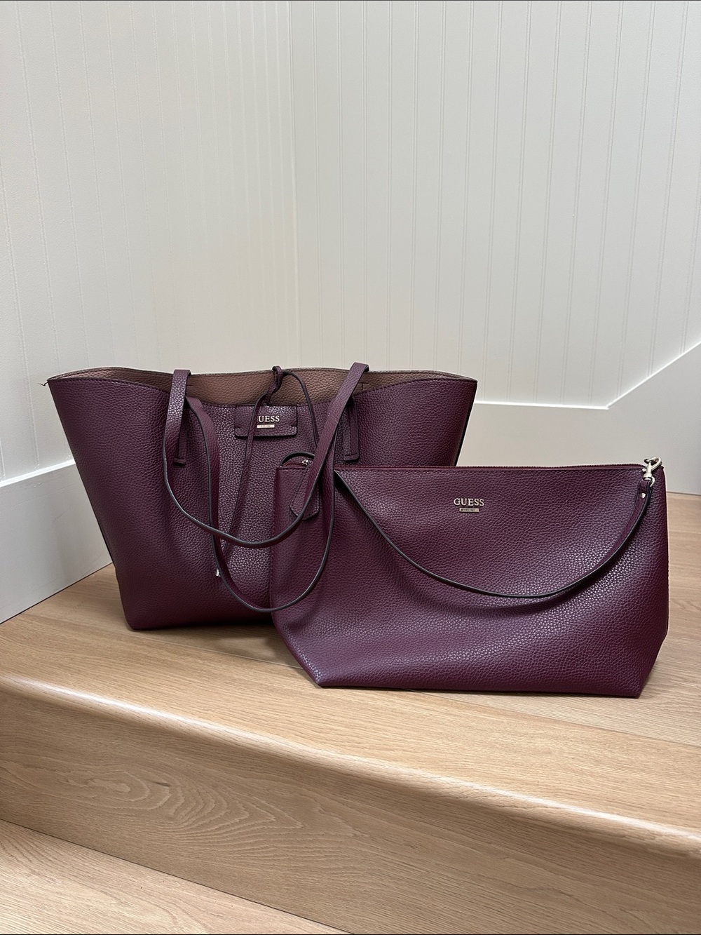 Guess Plum Reversible Leather Tote with Matching Pouch